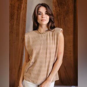 Casual Tan Camel Striped Padded Shoulder Sleeveless Tank